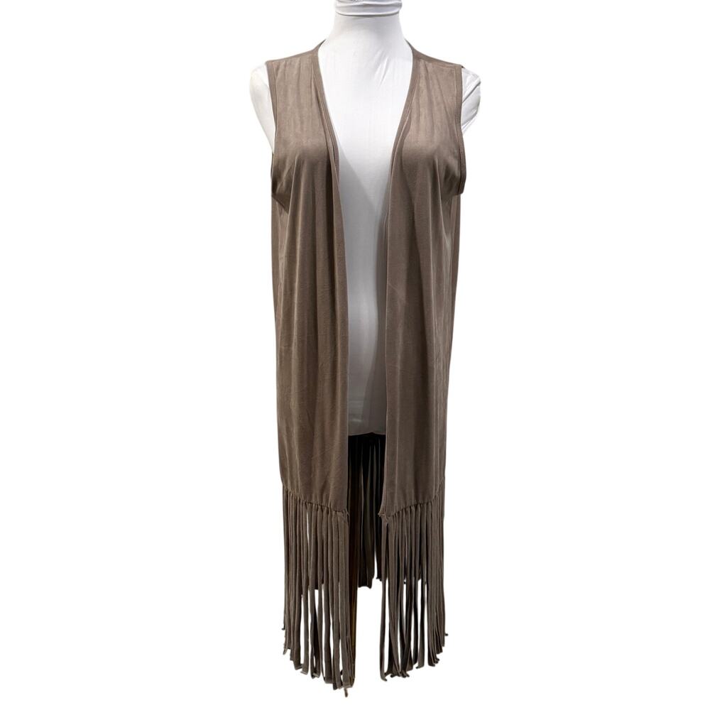 Boho Suede Fringe Duster Vest Long Cardigan Taupe Festival Western Large Beige